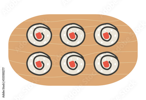 Sushi roll with salmon and nori on wooden plate. Cute hand drawn cartoon illustration for asian food menu, stickers, wall art, restaurant logo