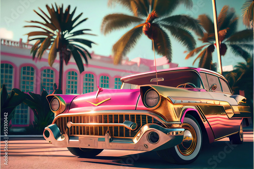 luxury pink and gold retro vintage car on the streets of miami, made with generative ai