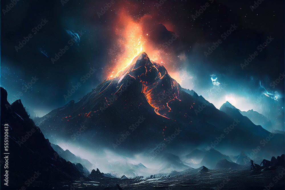 dark fantasy mountain landscape, fire in the hills, volcano eruption, made with generative ai - obrazy, fototapety, plakaty 