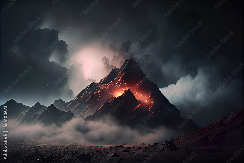 dark fantasy mountain landscape, fire in the hills, volcano eruption, made with generative ai