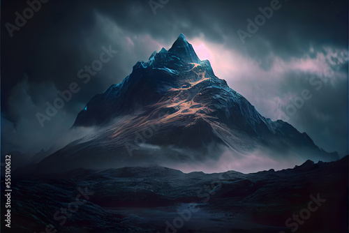 dark fantasy mountain landscape, fire in the hills, volcano eruption, made with generative ai photo