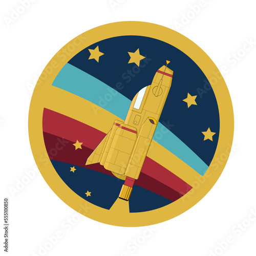 Space transportation system.Science and space exploration labels and patches. Realistic space mission badges with vehicles.