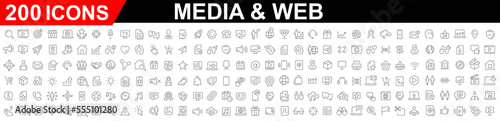 Big Set of 200 Media and Web icons. Icons business marketing e-commerce media contact icon. Set contact icons, communication sign with social media logos. Vector illustration.