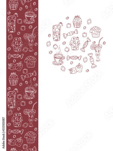 Menu template. Desserts elements in circle shape. Seamless border with desserts elements. Vector Doodles Desserts: Cakes, beverages and candy.