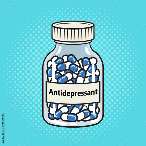 bottle of antidepressants pills drugs pinup pop art retro vector illustration. Comic book style imitation.