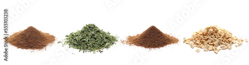  Set spice pile, cinnamon powder, dry chopped parsley, nutmeg ground, dry dried parsnip isolated on white