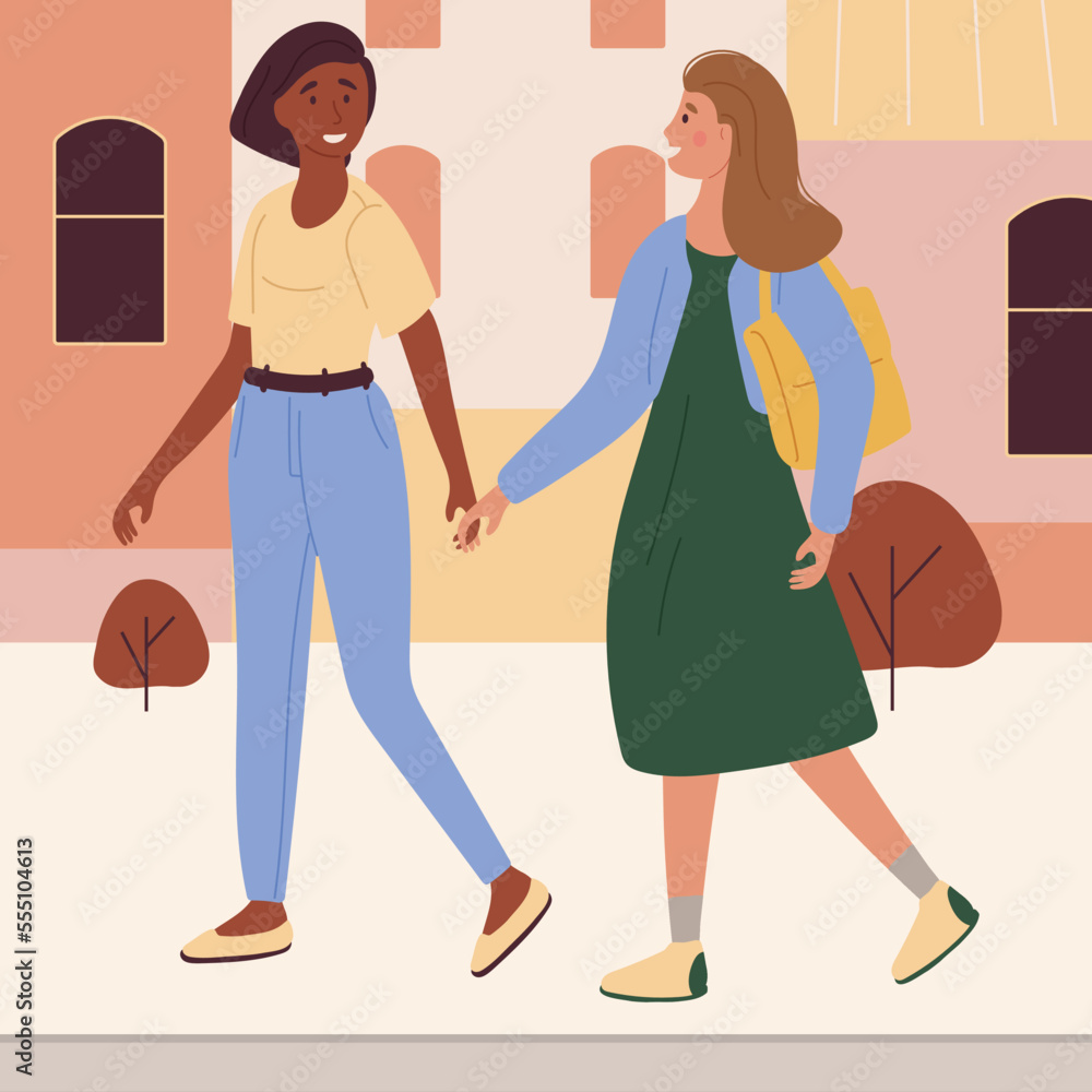 Two girls of different races walk together holding hands. Vector illustration on a city fen with houses. Two girls of different races walk together holding hands. Vector illustration on a city fen with houses.