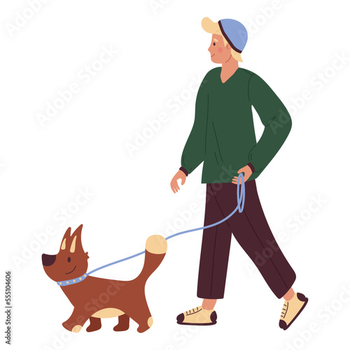 A young guy in a green sweater and dark pants walks with a dog on a leash. Vector illustration isolated on white background.