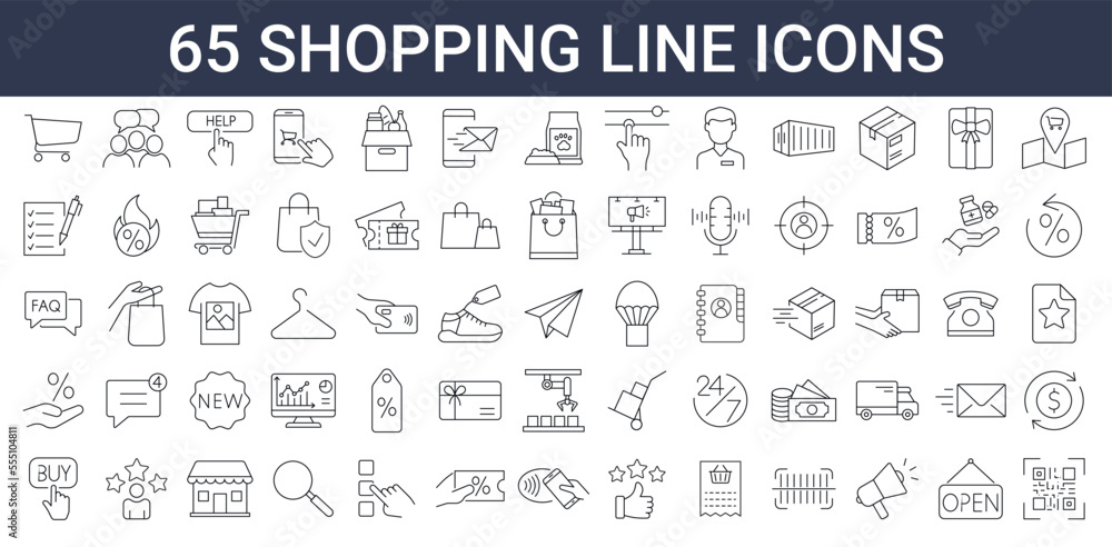 Set of 60 Thin lines web icons - E-commerce, Shopping
Delivering, Store, Marketing, Money, Black Friday. Vector illustration. Editable stroke