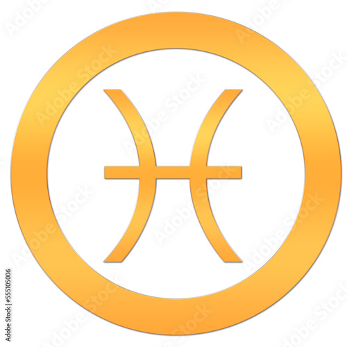 Fish icon. Astrological sign of the horoscope. Zodiac symbol. The element is water. Gold sticker with the image of the zodiac. The icon of the astrological symbol in a circle on a white background.