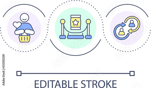Hosting event for loyal customers loop concept icon. Exclusive giveaways. Networking space abstract idea thin line illustration. Isolated outline drawing. Editable stroke. Arial font used
