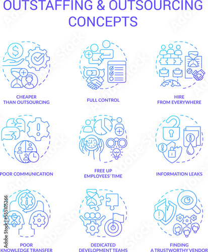 Outstaffing and outsourcing blue gradient concept icons set. Hiring contract employees remotely idea thin line color illustrations. Isolated symbols. Roboto-Medium, Myriad Pro-Bold fonts used