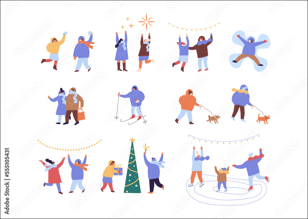 People celebrate winter Holidays flat vector collection. Happy New Year, Christmas. Winter outdoor activities.