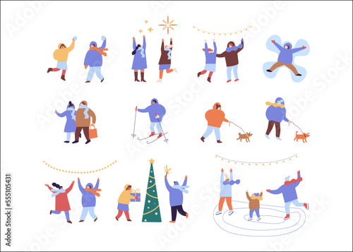 People celebrate winter Holidays flat vector collection. Happy New Year, Christmas. Winter outdoor activities.