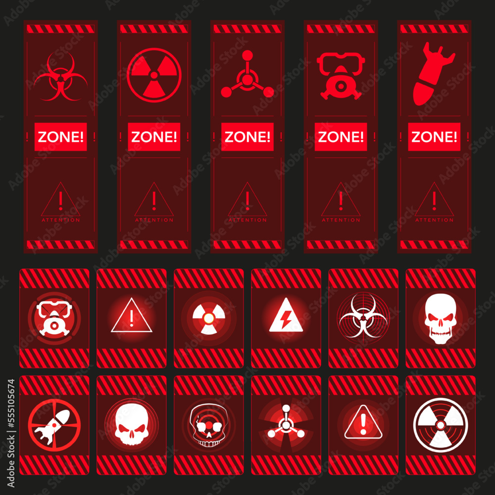 Red warning windows about radiation hazard. High voltage and nuclear