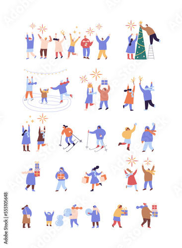 People celebrate winter Holidays flat vector collection. Happy New Year, Christmas. Winter outdoor activities.