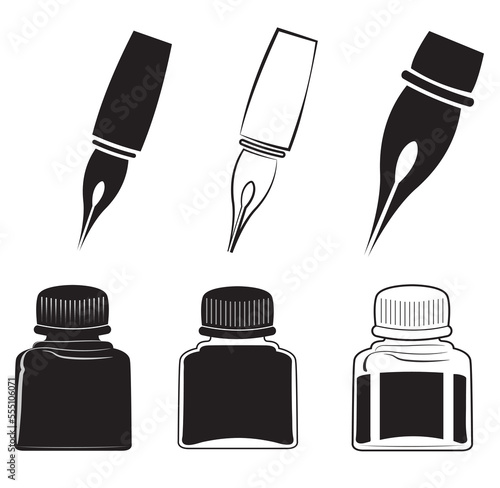 black isolated icon set of ink pen nibs and ink bottles. Vector illustration for art, drawing, calligraphy. Clip art