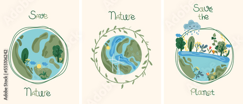 Nature as a source of energy for man. Green planet, care for nature. The concept of ecology, lifestyle, saving the planet. Suitable for social posters, cards, logos, banner. Vector illustration