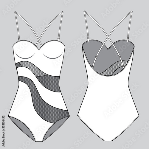 Sexy bathing suit, sweetheart neck with straps, black lace mesh, stylish and classy design, fashion flat template. Fashion technical illustration for garment production unit.