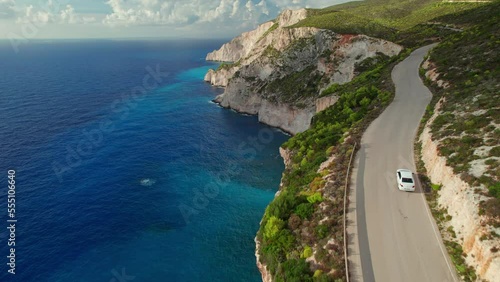 Aerial view of a car on a beautiful coast road, Zakynthos island, Greece
