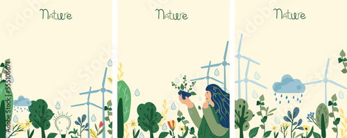 Ecology is a serious problem of humanity. The concept of saving the planet, environmental ecology, lifestyle. Nature as a source of energy. Minimalist illustrations suitable for social posters, cards.