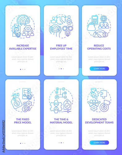 Outsourcing practice blue gradient onboarding mobile app screen set. Walkthrough 3 steps graphic instructions with linear concepts. UI, UX, GUI template. Myriad Pro-Bold, Regular fonts used