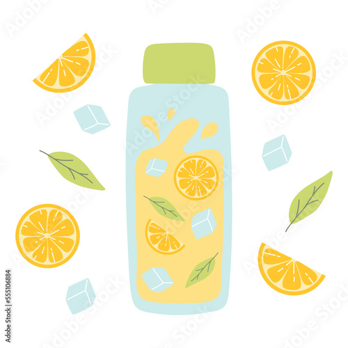Bottle with lemonade. Cool lemonade with pieces of lemon, mint and ice. Vector illustration isolated on white background. Flat style.