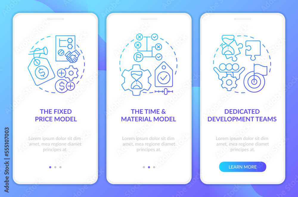 Pricing models in IT outsourcing blue gradient onboarding mobile app screen. Walkthrough 3 steps graphic instructions with linear concepts. UI, UX, GUI template. Myriad Pro-Bold, Regular fonts used