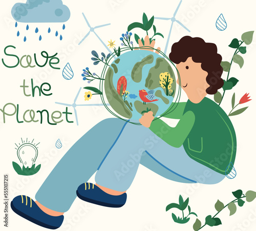 Nature as a source of energy for man. The concept of saving the planet, environmental ecology, lifestyle. Green planet. Suitable for social posters, cards, logos, banner. Vector illustration