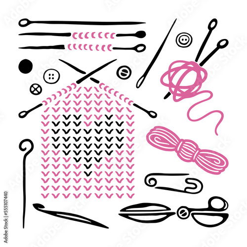 Knitting crocheting craft tool set. Hand drawn icons collection. Vector illustration on white background.