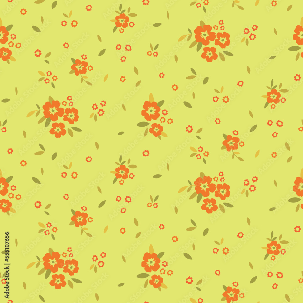 Seamless floral pattern, vintage ditsy print with cute tiny flowers, leaves in liberty arrangement. Romantic flower design with small hand drawn flowers on a yellow background. Vector illustration.
