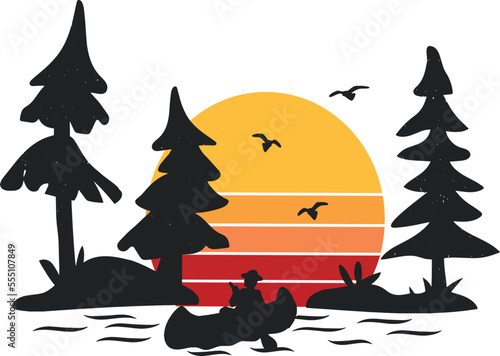 forest landscape orange sun vector silhouette. forest and man in boat vector silhouette