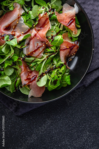 salad jamon aged meat ham fresh healthy meal food snack on the table copy space food background rustic top view