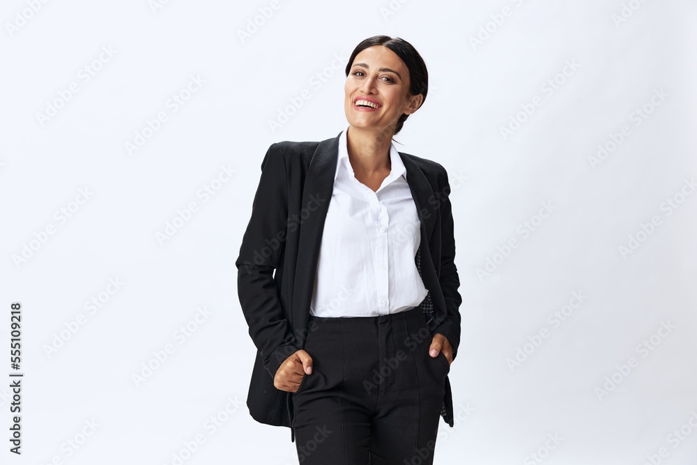 Business woman in black business suit shows signals gestures and emotions on white background, freelancer job online time management, teacher science Business woman in black business suit shows signals gestures and emotions on white background, freelancer job online time management, teacher science