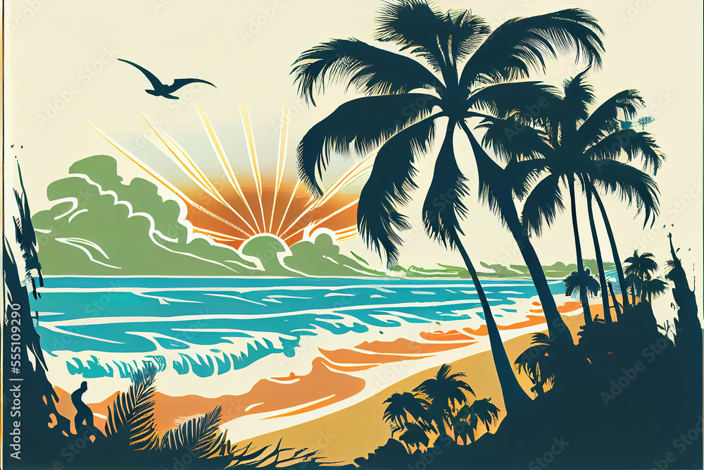 tropical island beach with palm trees and sunset, good reference for t-shirt design, made with generative ai