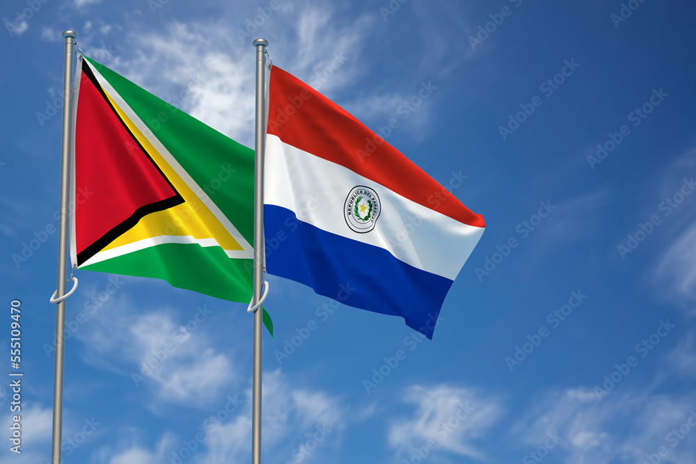 Co-operative Republic of Guyana and Republic of Paraguay Flags Over Blue Sky Background. 3D Illustration Co-operative Republic of Guyana and Republic of Paraguay Flags Over Blue Sky Background. 3D Illustration