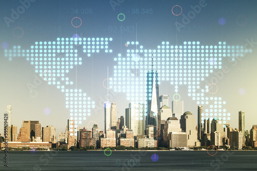 Double exposure of abstract digital world map hologram on New York city office buildings background, big data and blockchain concept