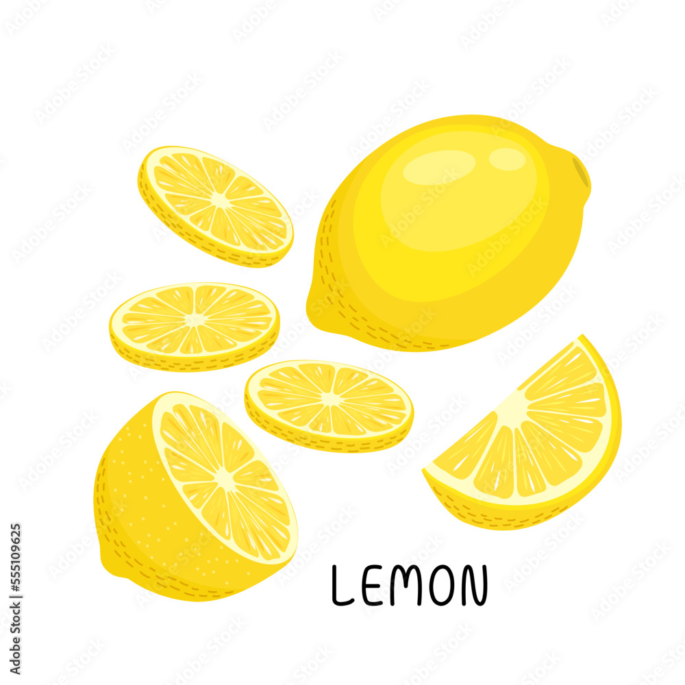 Vector illustration of a set of ripe fresh lemons, fruit halves and pieces, leaves. Fruit illustration in flat style isolated on white background. Vector illustration of a set of ripe fresh lemons, fruit halves and pieces, leaves. Fruit illustration in flat style isolated on white background.