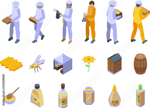 Apiarist icons set isometric vector. Bee man. Food propolis