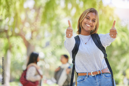 Foto Young woman, thumbs up and university student, yes and success in education, academic study and to learn mockup
