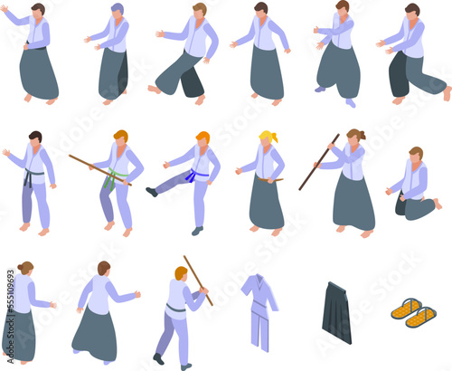 Aikido icons set isometric vector. Fight people. Sport