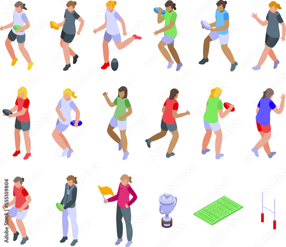 Woman Rugby Player icons set isometric vector. Team sport. Football girl
