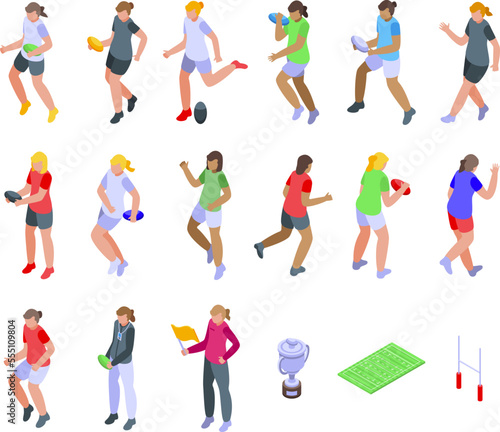 Woman Rugby Player icons set isometric vector. Team sport. Football girl