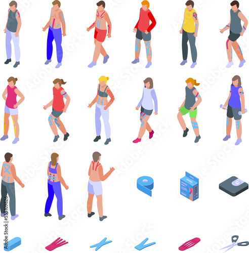 Kinesio taping icons set isometric vector. Medical sport. Fitness gym