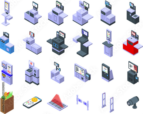 Self-service at the checkout icons set isometric vector. Supermarket cash. Scan terminal