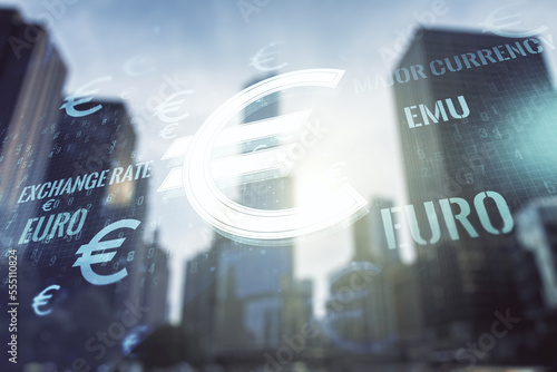 Virtual EURO symbols illustration on modern architecture background, forex and currency concept. Multiexposure