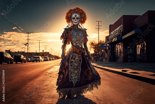 Fotografie illustration of a woman wear make up and dress in skull , Day of the Dead or Día