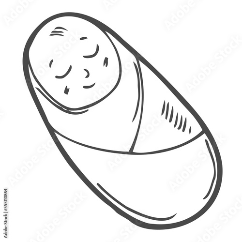 Swaddled baby infant hand drawn outline doodle icon. Newborn child with pacifier and swaddled hands vector sketch illustration for print, web, mobile and infographics isolated on white background.