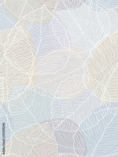 seamless grey and blue abstract floral background with white leaves. Thin lines are drawn with a pencil