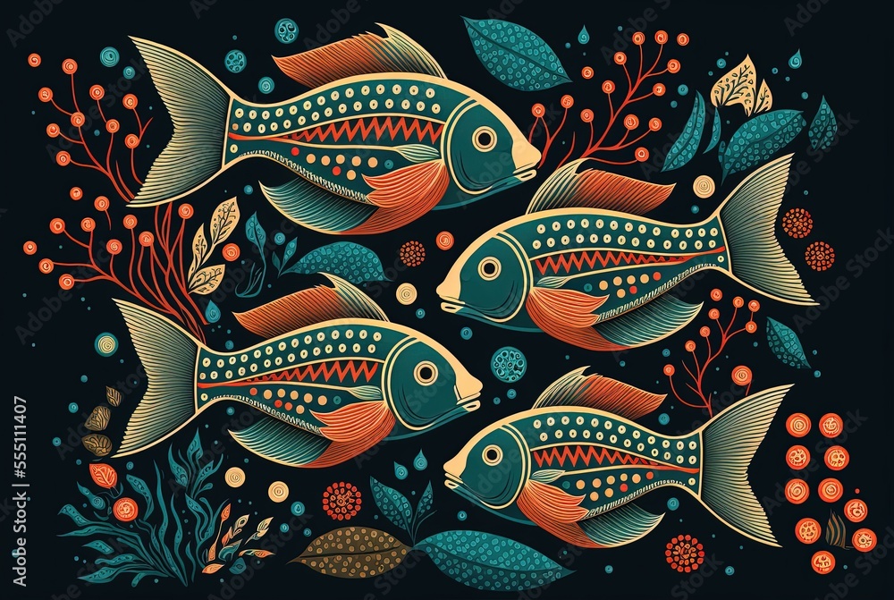 Norwegian folk art style illustration of underwater sea or ocean scene 